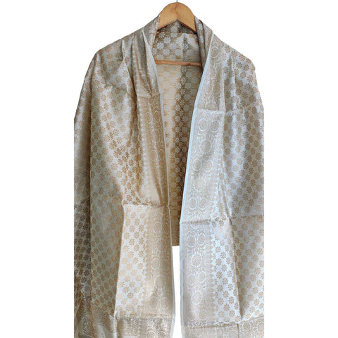 India scarves Banarasi Brocade with Floral Grid, Ornamental Border, and Tassel Finish