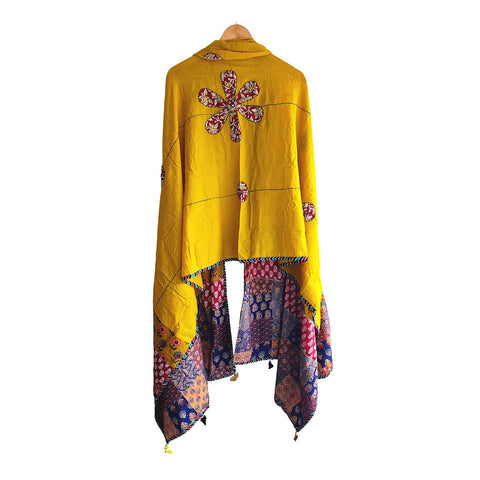 India Scarves Ajrakh Applique Patchwork Cotton Dupatta(Yellow Colore )