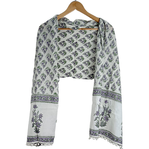 Bagru Hand Block Printed Pure Cotton White colour floral Stole