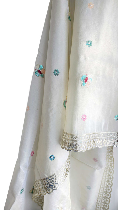 Hand-Embroidered Ivory Silk Dupatta with Multicoloured Floral Motifs and Silver Scalloped Border