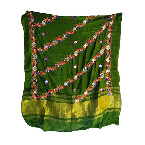 Handcrafted Purple Silk Dupatta with Gold Border, Floral Embroidered Mirror Work, Traditional Indian Scarf