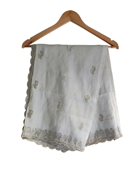 Hand-Embroidered Ivory Silk Dupatta with Multicoloured Floral Motifs and Silver Scalloped Border