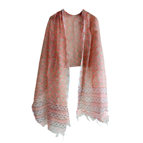 India Scarves Bagru Hand Block Floral kota Doria silk cotton Dupatta(Orange Color)