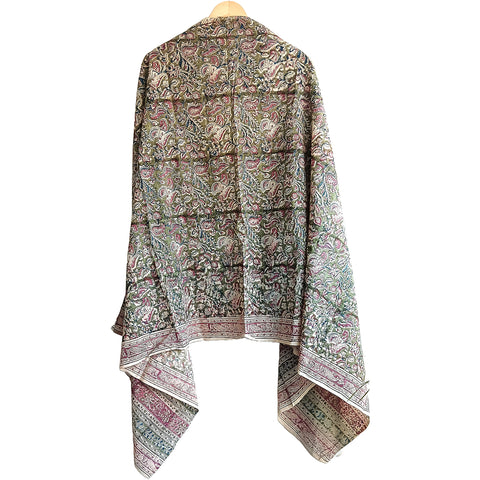 Kalamkari Hand Block Printed Cotton Green and Pink Stole