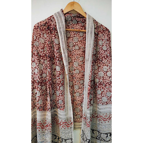 Indian Scarves Women's Kalamkari cotton dupatta with rainbow border Size 73x194 cm