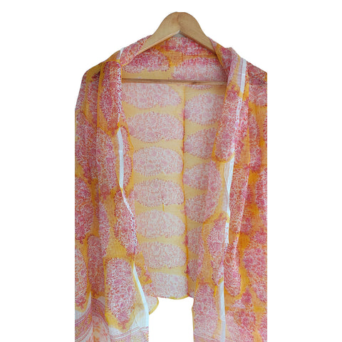 India Scarves Bagru Hand Block Floral kota Doriya silk cotton Dupatta(Yellow And Pink )