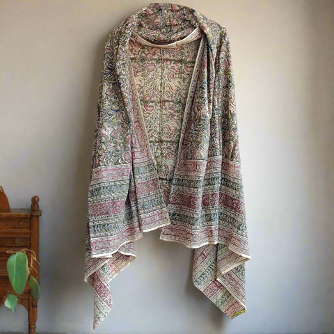 Kalamkari Hand Block Printed Cotton Green and Pink Stole