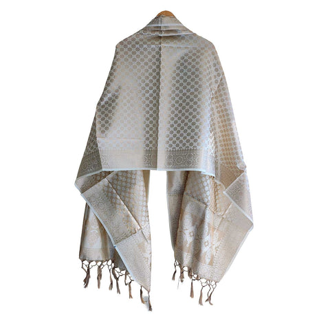 India scarves Banarasi Brocade with Floral Grid, Ornamental Border, and Tassel Finish