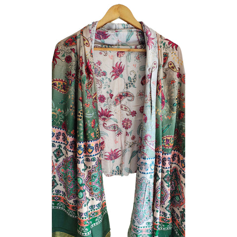 Semi Gaji Silk Floral Dupatta( White And Green color)