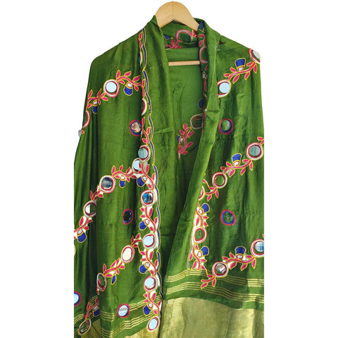 Handcrafted Purple Silk Dupatta with Gold Border, Floral Embroidered Mirror Work, Traditional Indian Scarf