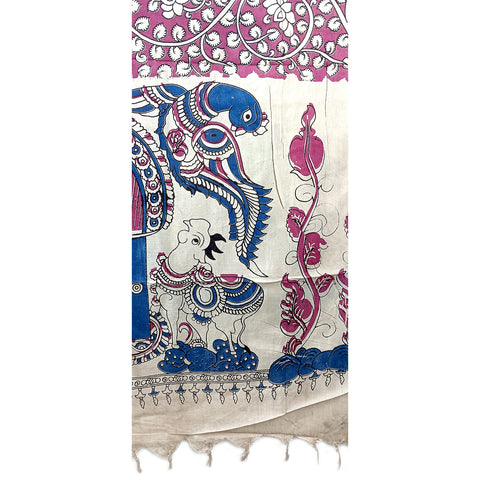 Kalamkari Hand Block Printed Pure Silk Twilight Lavender Color Floral Design Stole Size 90 X 225 Cm