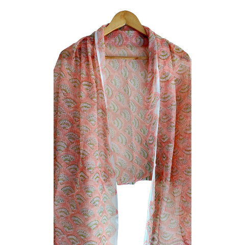 India Scarves Bagru Hand Block Floral kota Doria silk cotton Dupatta(Orange Color)