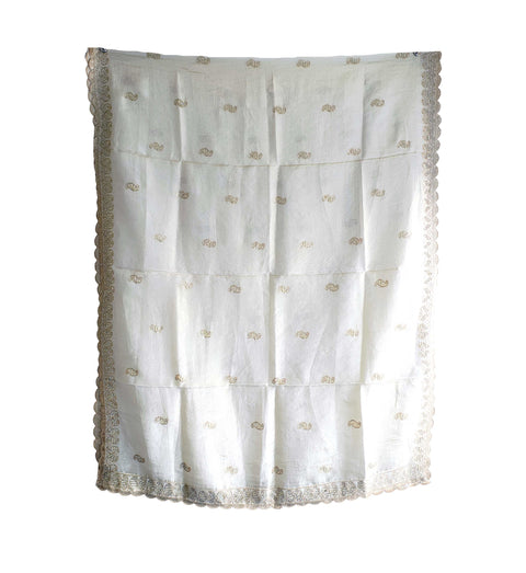 Hand-Embroidered Ivory Silk Dupatta with Multicoloured Floral Motifs and Silver Scalloped Border