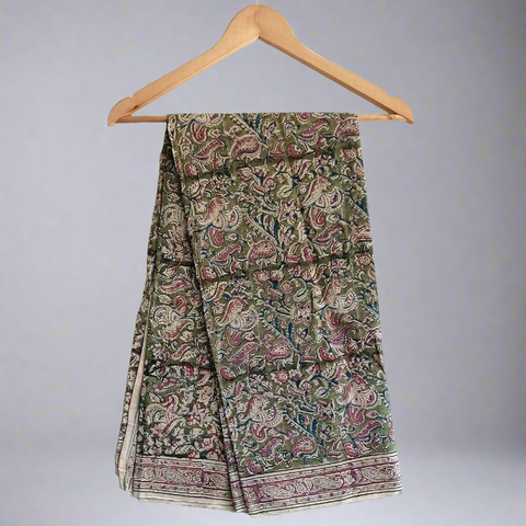 Kalamkari Hand Block Printed Cotton Green and Pink Stole