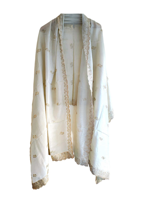 Hand-Embroidered Ivory Silk Dupatta with Multicoloured Floral Motifs and Silver Scalloped Border