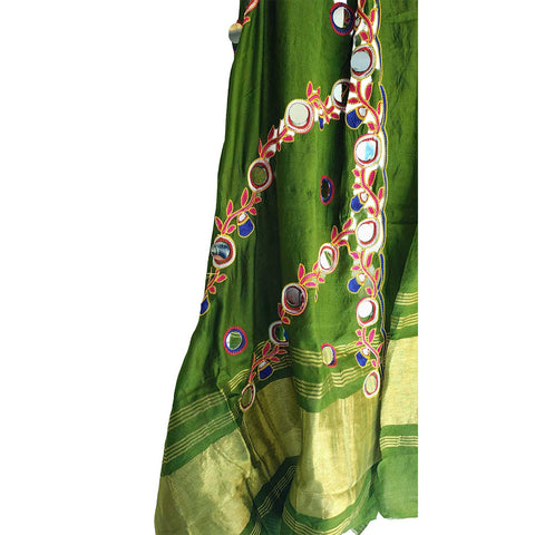 Handcrafted Purple Silk Dupatta with Gold Border, Floral Embroidered Mirror Work, Traditional Indian Scarf