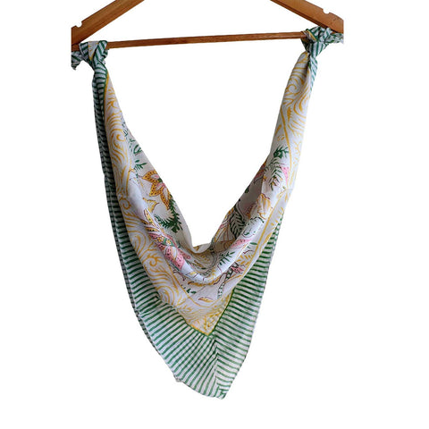 India Scarves Floral Paisley Print Silk Scarf, Light Weight Square Neck Wrap,  Border Pattern, 100x100 cm