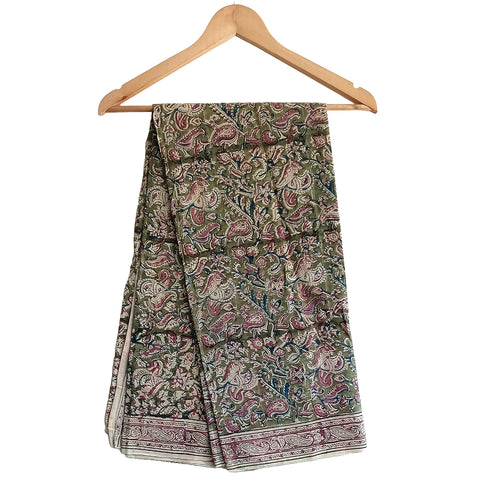 Kalamkari Hand Block Printed Cotton Green and Pink Stole