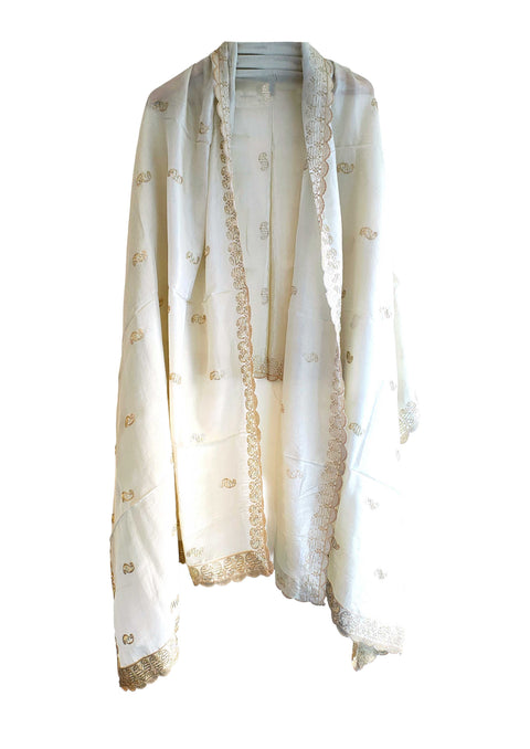 Hand-Embroidered Ivory Silk Dupatta with Multicoloured Floral Motifs and Silver Scalloped Border
