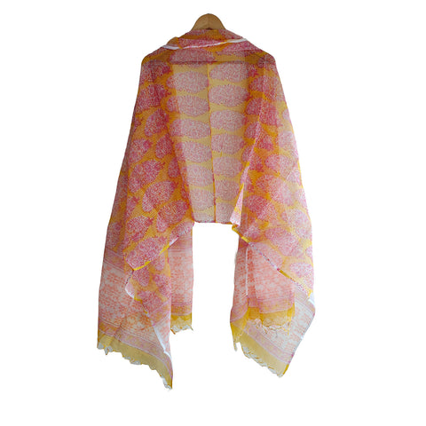 India Scarves Bagru Hand Block Floral kota Doriya silk cotton Dupatta(Yellow And Pink )