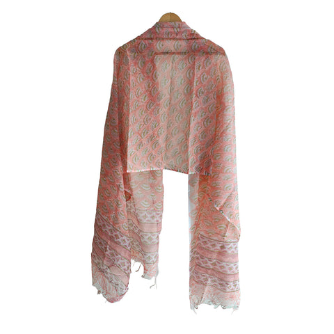 India Scarves Bagru Hand Block Floral kota Doria silk cotton Dupatta(Orange Color)