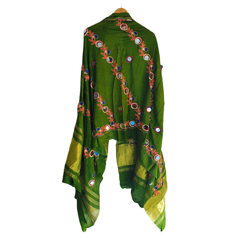 Handcrafted Purple Silk Dupatta with Gold Border, Floral Embroidered Mirror Work, Traditional Indian Scarf