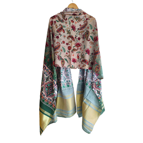 Semi Gaji Silk Floral Dupatta( White And Green color)