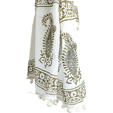 Bagru Hand Block Printed Pure Cotton White colour floral Stole