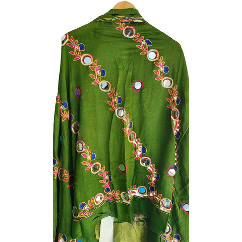 Handcrafted Purple Silk Dupatta with Gold Border, Floral Embroidered Mirror Work, Traditional Indian Scarf