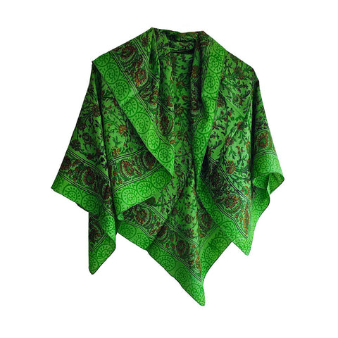 India Scarves Floral Paisley Print Silk Scarf, Light Weight Square Neck Wrap,  Border Pattern, 100x100 cm (Green)