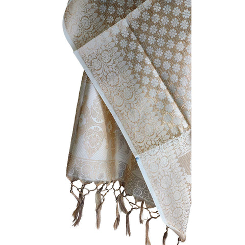 India scarves Banarasi Brocade with Floral Grid, Ornamental Border, and Tassel Finish