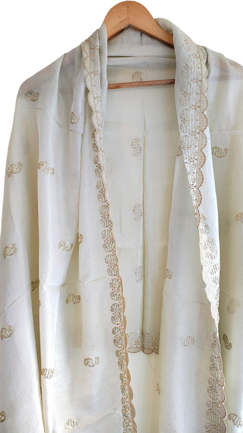 Hand-Embroidered Ivory Silk Dupatta with Multicoloured Floral Motifs and Silver Scalloped Border