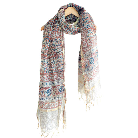 India Scarves Kota Doria Kalamkari Cotton Silk  Brown Colour Floral Dupatta