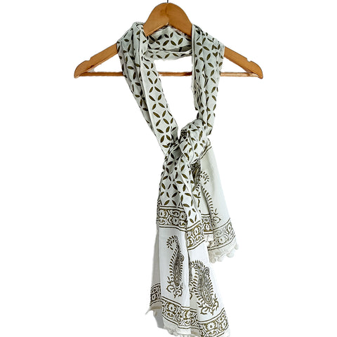 Bagru Hand Block Printed Pure Cotton White colour floral Stole