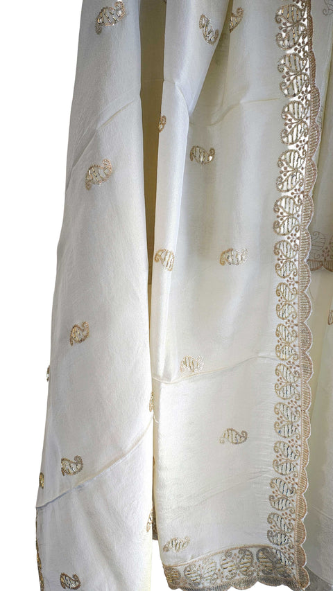 Hand-Embroidered Ivory Silk Dupatta with Multicoloured Floral Motifs and Silver Scalloped Border