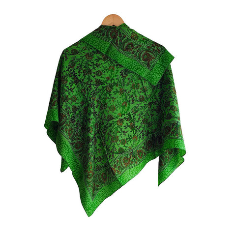 India Scarves Floral Paisley Print Silk Scarf, Light Weight Square Neck Wrap,  Border Pattern, 100x100 cm (Green)