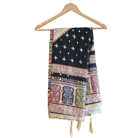 Pakistani Folk Art Digital Print Dupatta, Black Multicolour, Chevron Mirror Work with Gold Tassels