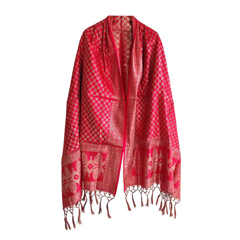 India scarves Banarasi Brocade with Floral Grid, Ornamental Border, and Tassel Finish