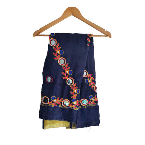 Handcrafted Purple Silk Dupatta with Gold Border, Floral Embroidered Mirror Work, Traditional Indian Scarf