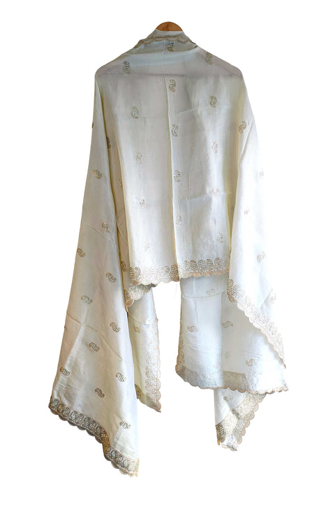 Hand-Embroidered Ivory Silk Dupatta with Multicoloured Floral Motifs and Silver Scalloped Border