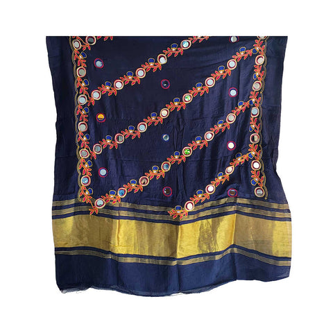 Handcrafted Purple Silk Dupatta with Gold Border, Floral Embroidered Mirror Work, Traditional Indian Scarf