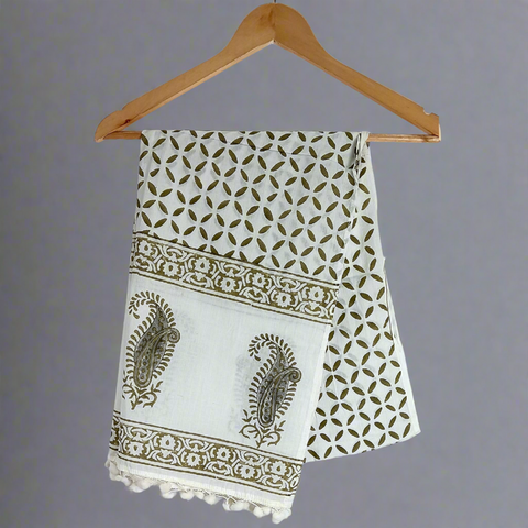 Bagru Hand Block Printed Pure Cotton White colour floral Stole
