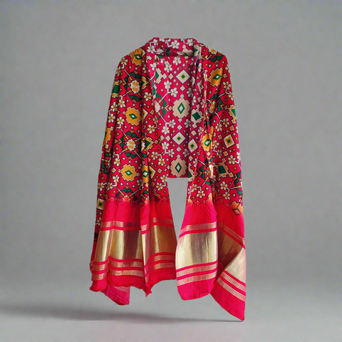 Semi Gaji Silk Floral Dupatta( Red color)