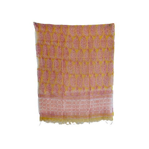 India Scarves Bagru Hand Block Floral kota Doriya silk cotton Dupatta(Yellow And Pink )