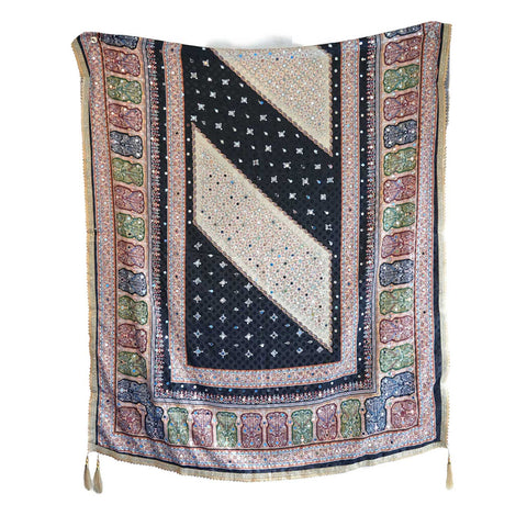 Pakistani Folk Art Digital Print Dupatta, Black Multicolour, Chevron Mirror Work with Gold Tassels