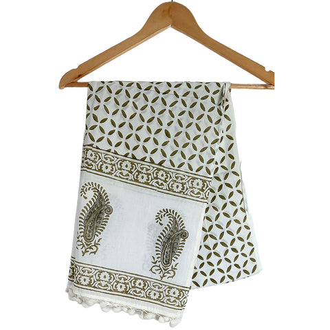 Bagru Hand Block Printed Pure Cotton White colour floral Stole