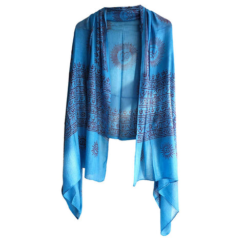 India Scarf Rayon Sarong with Hand-Printed Om Motifs (Dark Blue)