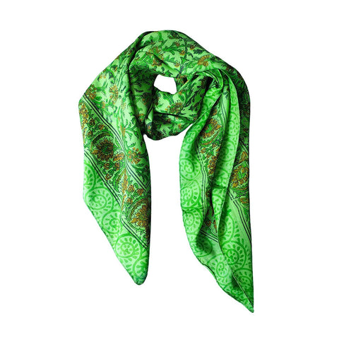 India Scarves Floral Paisley Print Silk Scarf, Light Weight Square Neck Wrap,  Border Pattern, 100x100 cm (Green)