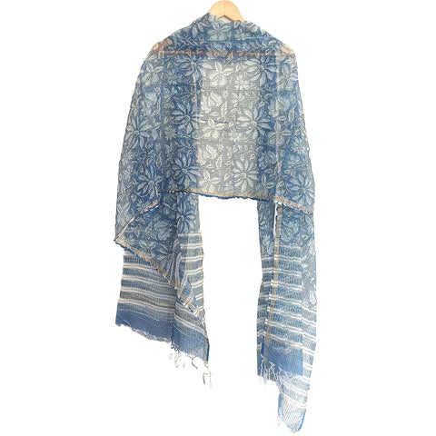 Kota Doria Cotton Silk Indigo Blue Color floral Dupatta