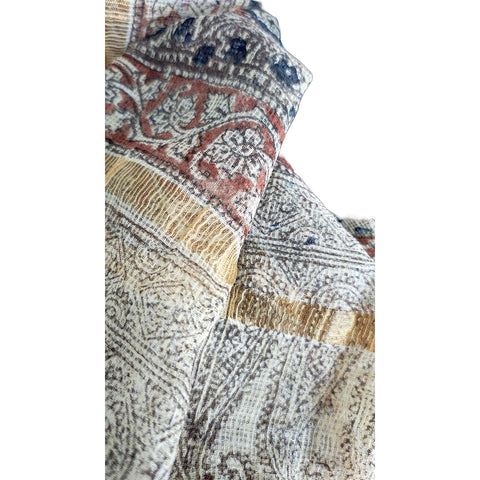 India Scarves Kota Doria Kalamkari Cotton Silk  Brown Colour Floral Dupatta
